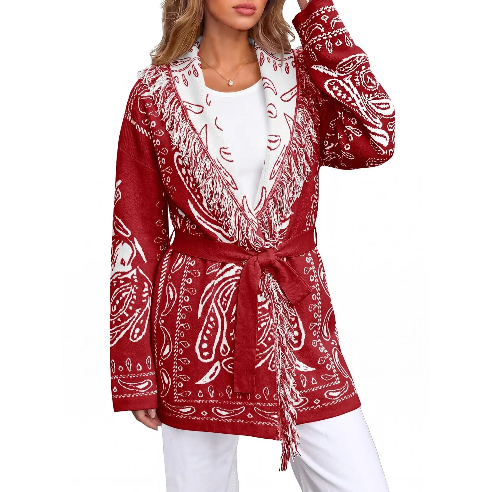 Saodimallsu Women's Fall Tassel Shawl Collar Cardigan in Paisley Design, Sohochic Collection