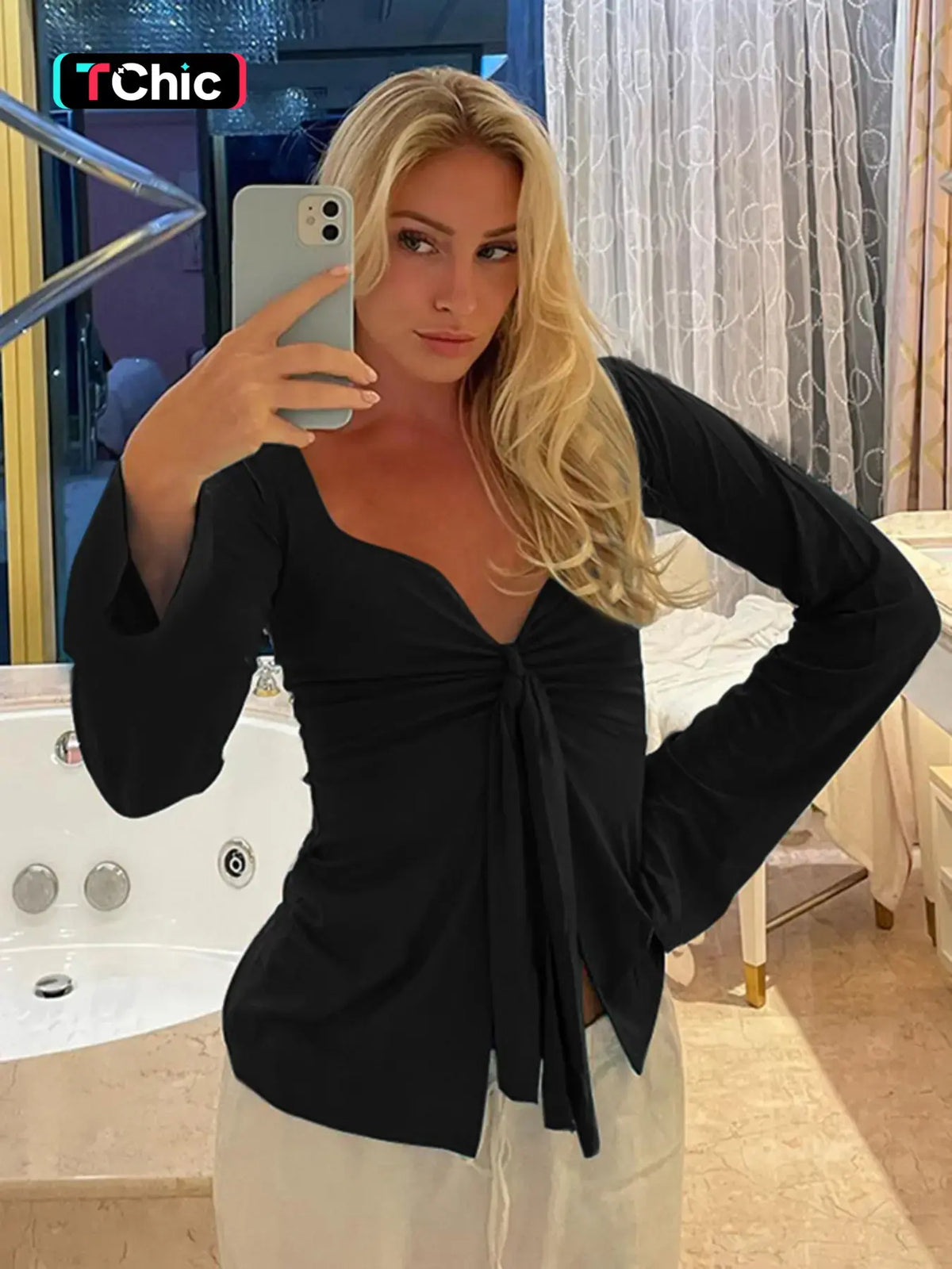 Women's Solid Knot Front Split Hem Long Sleeve Tee - Casual Chic Sweetheart Neck T-Shirt for Fall Daily Wear
