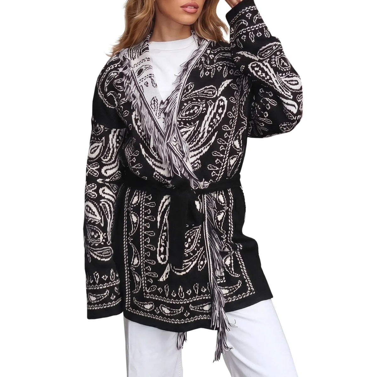 Saodimallsu Women's Fall Tassel Shawl Collar Cardigan in Paisley Design, Sohochic Collection