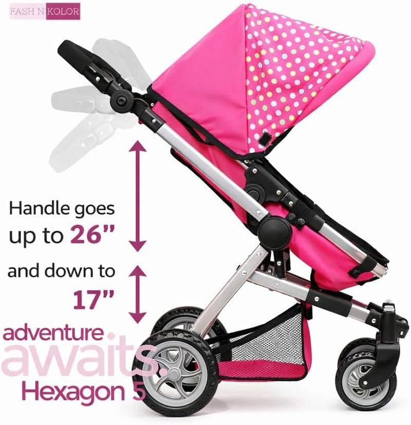 Foldable Baby Doll Stroller with Polka Dot Design, Swiveling Wheels, and Adjustable Handle