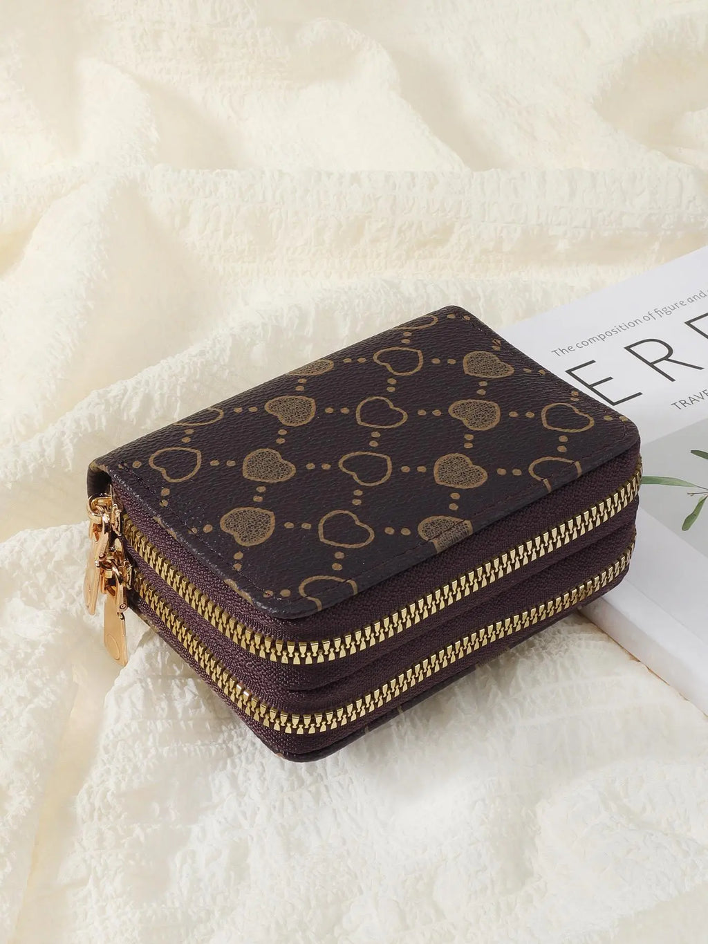 Women's Summer 2024 Retro Heart Print Double Zipper Coin Purse - Ideal Mother's Day Gift, Casual Multi-Card Holder, PU Leather Credit Card Storage Bag for Outdoor and Travel Use