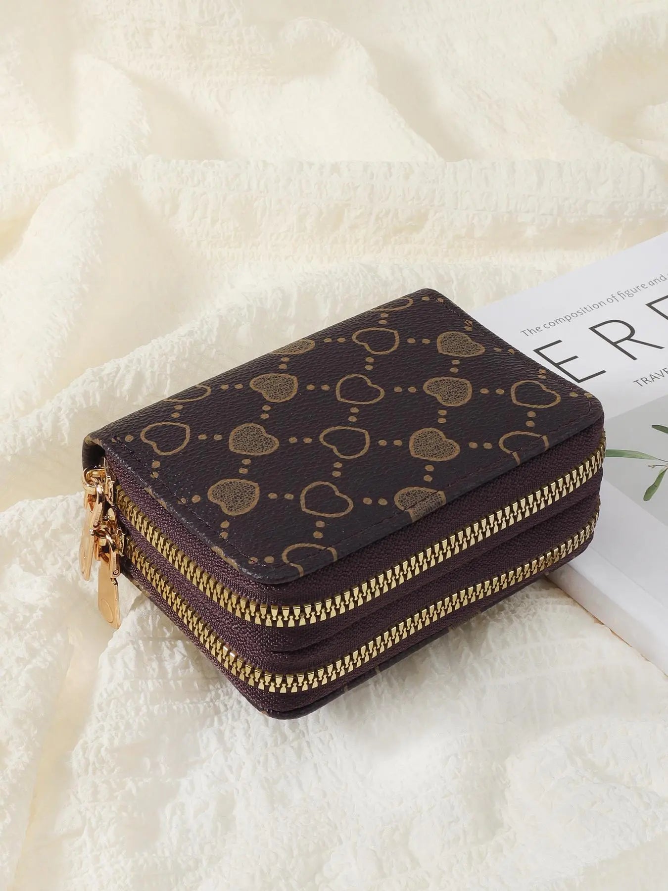 Women's Summer 2024 Retro Heart Print Double Zipper Coin Purse - Ideal Mother's Day Gift, Casual Multi-Card Holder, PU Leather Credit Card Storage Bag for Outdoor and Travel Use